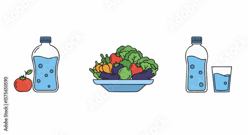 Healthy Choices: A collection of fresh vegetables, fruits, and hydrating water bottles, inviting viewers to embrace a lifestyle of wellness and nourishment.