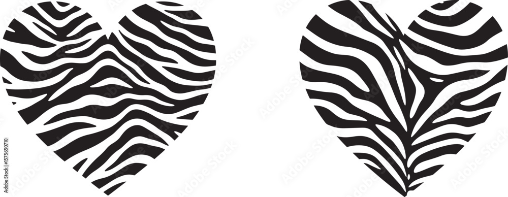 Fototapeta premium Two Zebra Striped Hearts in Black and White Silhouette
