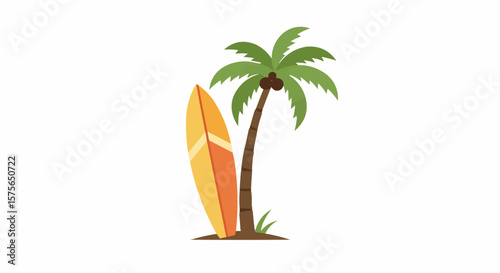 Tropical Surf Paradise: A vibrant surf board leans against a lush palm tree, embodying the carefree spirit of summer and tropical getaways. This image captures the essence of relaxation, adventure.