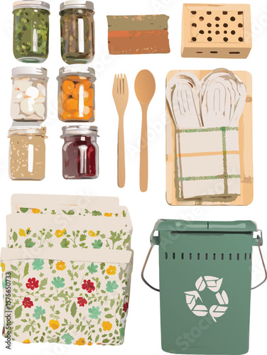 flat vector of jars cloth napkins compost bin