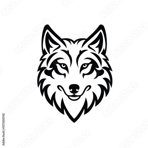 Stylized Wolf Head, Black and White Tribal Animal Logo, Canine Vector Illustration