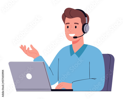 Friendly Man in Headset Providing Excellent Customer Service Through Online Support Communication with Laptop