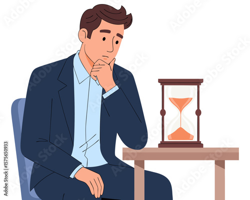 Thoughtful Man Contemplating Time Management with Hourglass Symbolizing Deadline and Patience in a Professional Setting