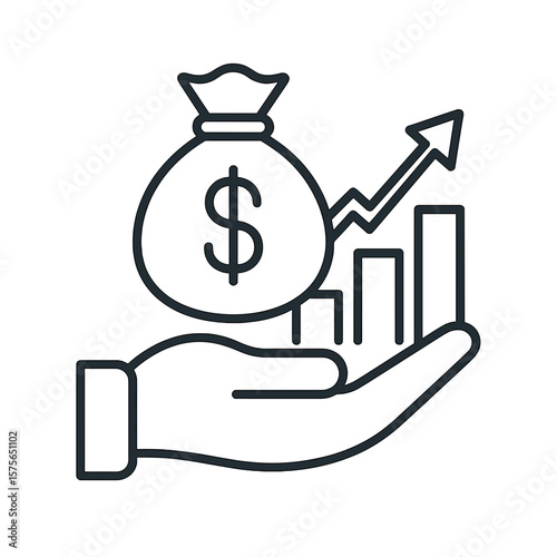 Line icon of profitable asset concept with hand holding money bag and growth chart