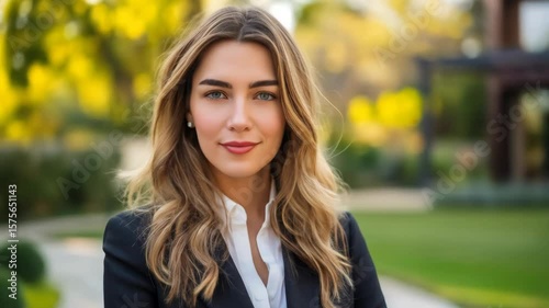 Happy woman realtor standing outside luxury house. Professional female real estate agent portrait. Property owner selling home footage.