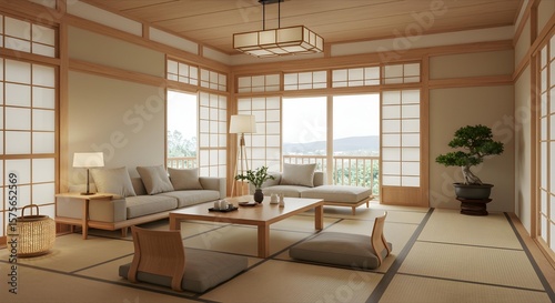 Serene Japanese Interior Design: Minimalist Living Room with Tatami Mats and Shoji Screens