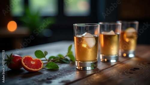 Several short vodka glasses neatly placed on a dark, rustic wooden table, simple, bar
