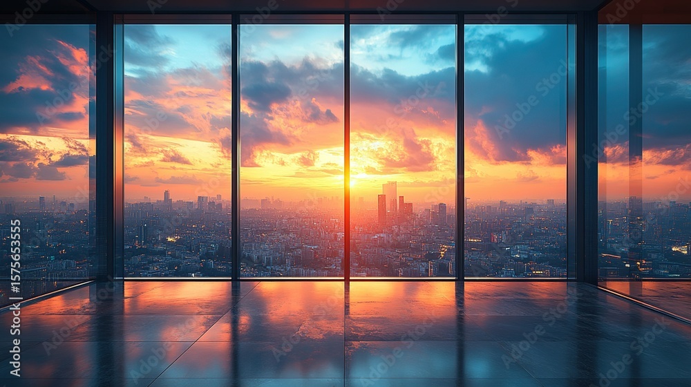 Fototapeta premium Empty square floor with a city skyline background