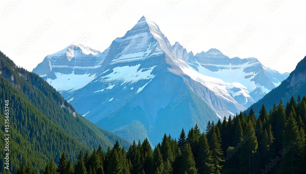 Fototapeta premium Majestic Snow capped Mountain Peak with Lush Evergreen Forest Landscape