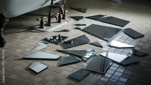 Numerous shards of broken glass or mirror are scattered across a textured, possibly concrete or tiled, floor. The pieces are irregularly shaped and vary in size, creating a haphazard pattern. The floo