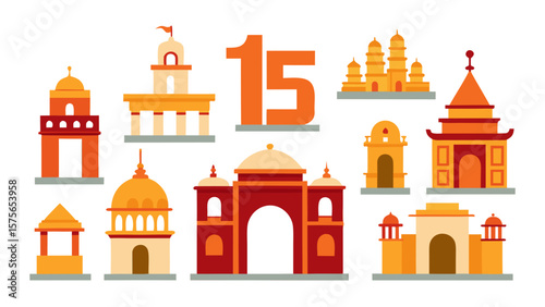 Collection of stylized indian architectural landmarks and the number fifteen