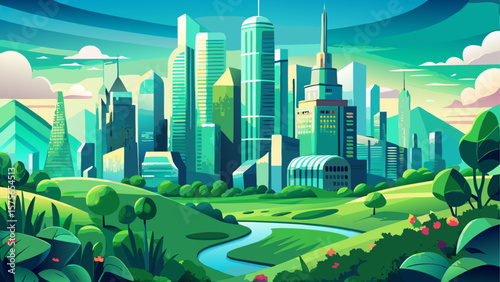 Stunning vibrant green landscape nestled between towering city skyscrapers, illustrating the harmonious blend of nature and urban life in a bustling metropolis. Vector illustration
