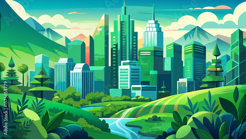 Stunning vibrant green landscape nestled between towering city skyscrapers, illustrating the harmonious blend of nature and urban life in a bustling metropolis. Vector illustration