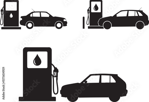 Car Refueling at Gas Station Icons Silhouette