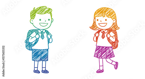 Schoolboy and schoolgirl with backpacks, chalk drawing style, vector illustration