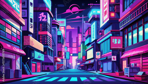 Neon pink and purple lit night city street in Japan, filled with vibrant signs, bustling atmosphere, and modern urban elements. Dynamic and colorful scene. Vector illustration