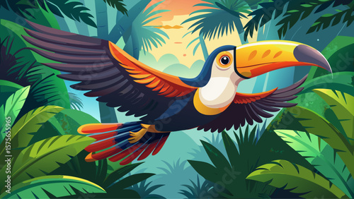 Toucan – A bold Toucan flies through dense rainforest air, its oversized, colorful beak leading the way. Its black body contrasts beautifully against bright wings from a close-up angle.