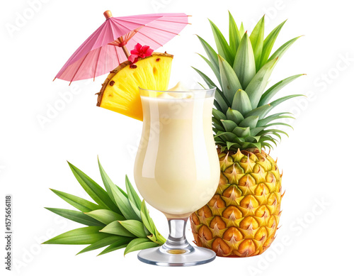 Piña Colada Cocktail in Tall Glass  with Pineapple Slice and Paper Umbrella, Isolated PNG.