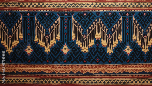 Filipino folk art yakan cloth seam vector, Traditional textile pattern with intricate geometric design featuring brown, blue and tan colors creating a seamless border
