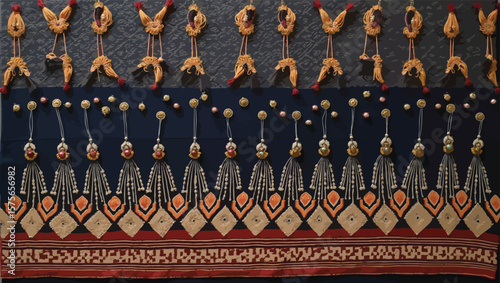 Filipino folk art yakan cloth seam vector, Traditional textile pattern with intricate geometric design featuring brown, blue and tan colors creating a seamless border