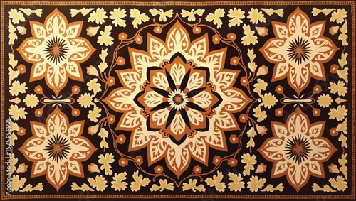 Filipino folk art yakan cloth seam vector, Traditional textile pattern with intricate geometric design featuring brown, blue and tan colors creating a seamless border