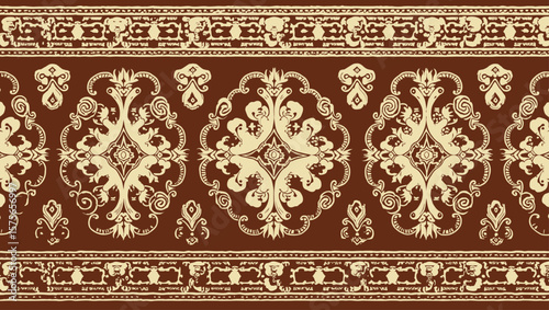 Filipino folk art yakan cloth seam vector, Traditional textile pattern with intricate geometric design featuring brown, blue and tan colors creating a seamless border