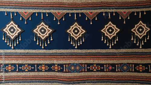 Filipino folk art yakan cloth seam vector, Traditional textile pattern with intricate geometric design featuring brown, blue and tan colors creating a seamless border