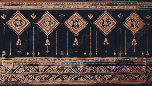 Filipino folk art yakan cloth seam vector, Traditional textile pattern with intricate geometric design featuring brown, blue and tan colors creating a seamless border