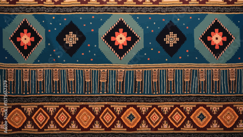 Filipino folk art yakan cloth seam vector, Traditional textile pattern with intricate geometric design featuring brown, blue and tan colors creating a seamless border