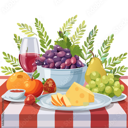 Delicious Picnic Still Life: Fruit, Cheese, Wine, and Refreshments