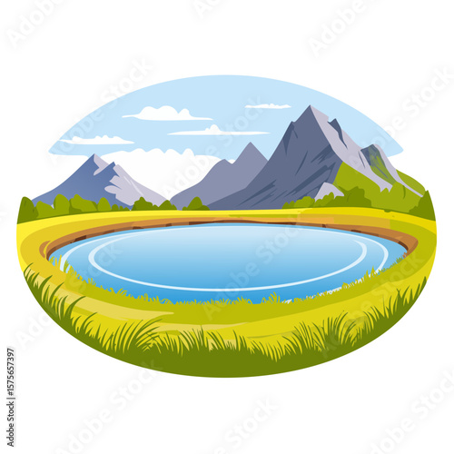 Serene Mountain Lake Landscape with Grassy Shores and Cloud Reflections