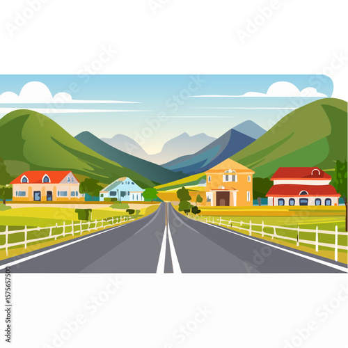 Cartoon Illustration of a Rural Landscape with Houses and Mountains