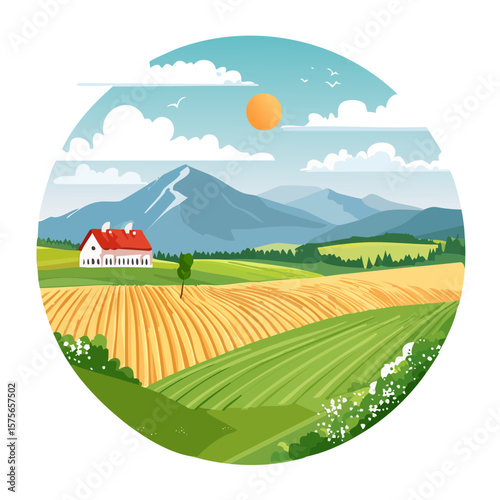 Scenic Farmland Landscape with House, Mountains, and Fields