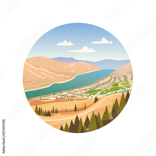 Scenic Valley Landscape with River and Mountains in Circular Frame