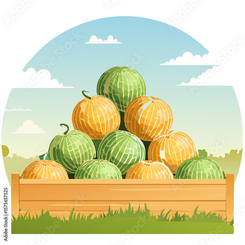 Illustration of a wooden box filled with fresh, ripe watermelons