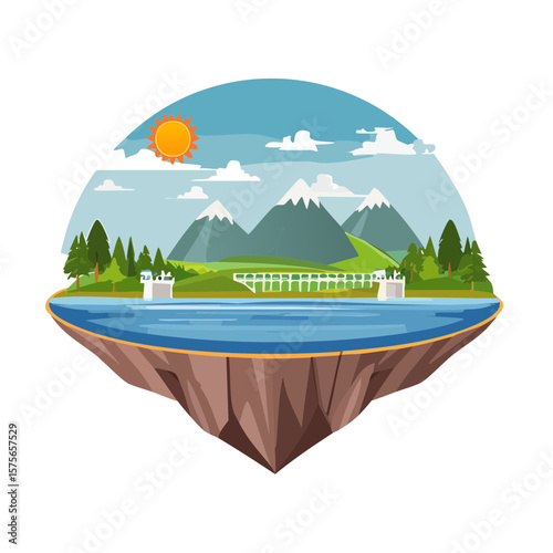 Floating Island Landscape with Mountains, Lake, Bridge and Sun