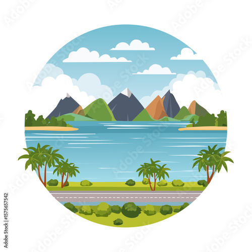 Serene Tropical Island Landscape with Mountains and Palm Trees