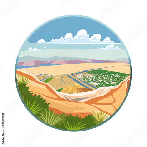 Scenic Valley View with Clouds and Mountains in a Circular Frame