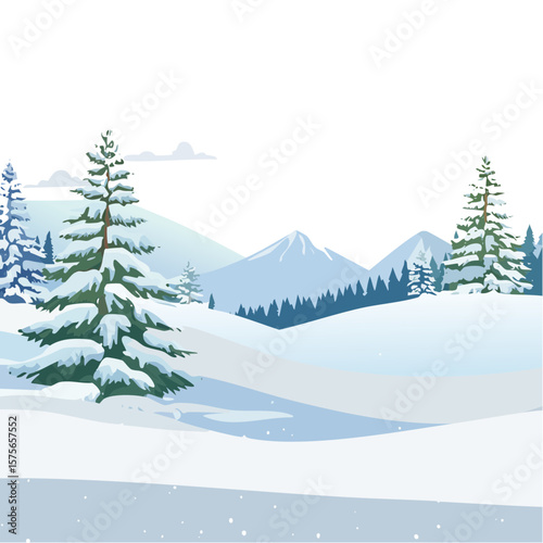Snowy Winter Landscape with Mountains and Pine Trees