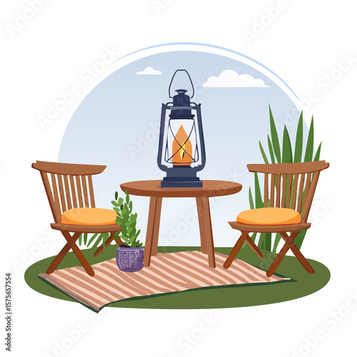 Cozy Outdoor Seating Area with Lantern and Lush Greenery