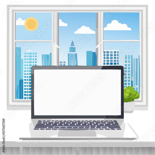 Laptop in a City Apartment: Work From Home Scene with Sunny Views