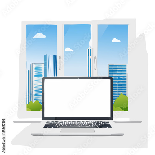 Laptop with City View SVG Illustration
