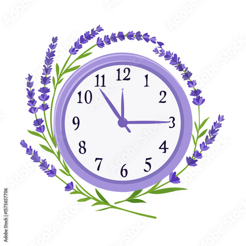 Decorative Lavender Wreath Surrounding Pastel Wall Clock Illustration