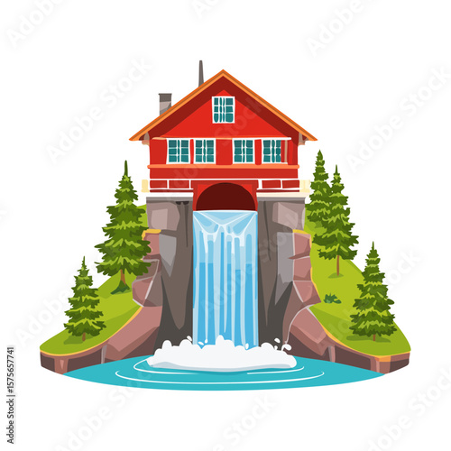 Red House Waterfall Landscape Vector Illustration