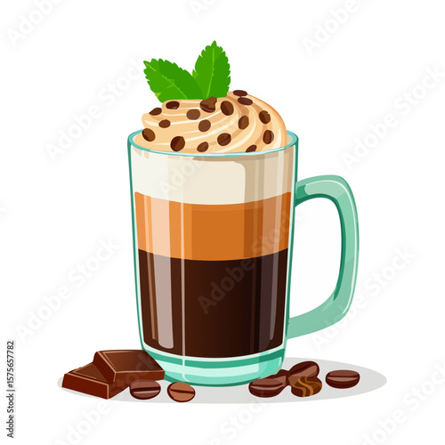 Delicious layered coffee drink with whipped cream, chocolate, and mint leaves illustration.