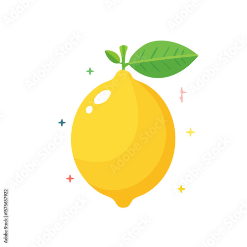 Vibrant Yellow Lemon with Green Leaves and Sparkling Accents on Dark Background Graphic Illustration