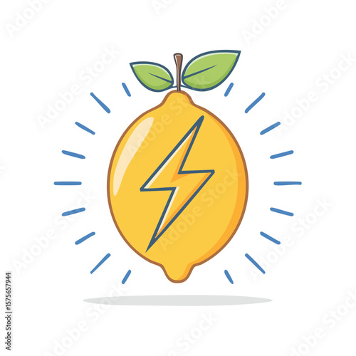 Energetic Lemon Cartoon Illustration with Lightning Bolt and Radiating Lines on Black Background