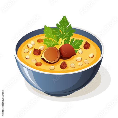 Creamy soup with nuts and parsley in a blue bowl illustration for cooking