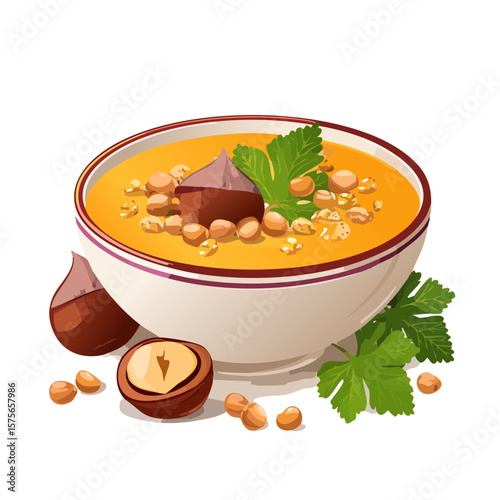 Chestnut Soup Illustration with Parsley and Hazelnuts