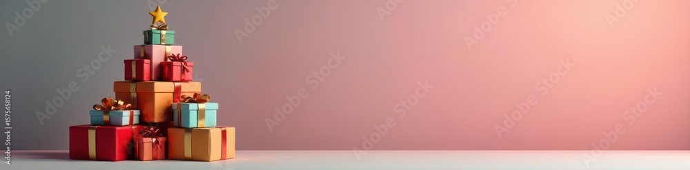 Fototapeta premium Stack of gift boxes forming Christmas tree, celebratory banner, merry christmas, graphic, illustration